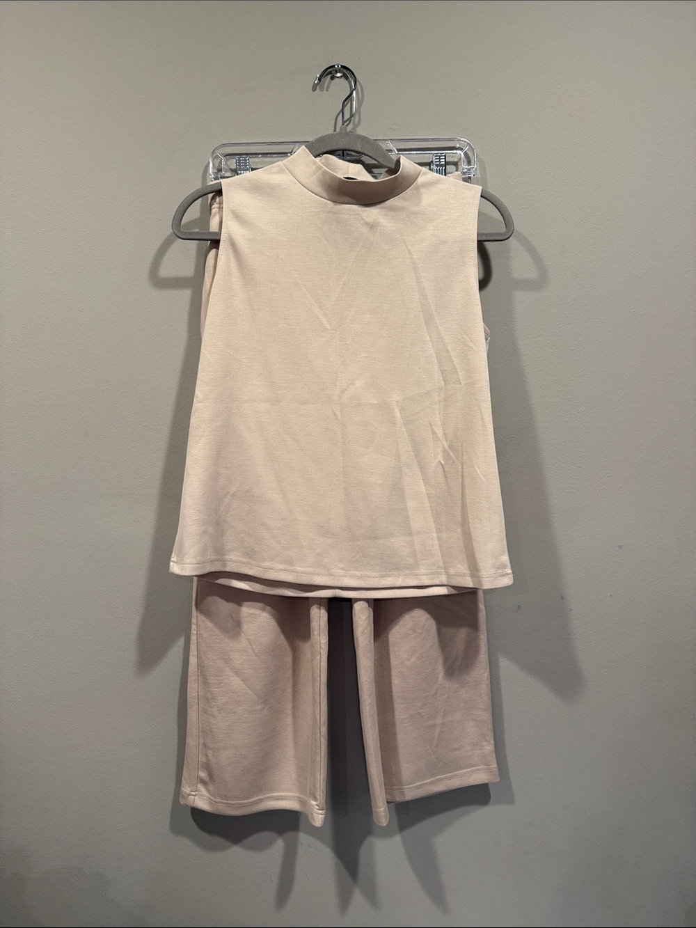 Two-Piece Matching Lounge Set - Mock Neck Top & Shorts - Beige - Medium